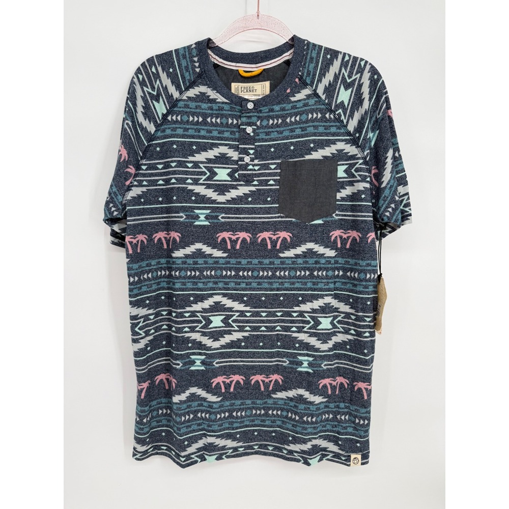 Free Planet Mens Aztec Tribal Print Henley T Shirt Large Navy Blue Palm Trees